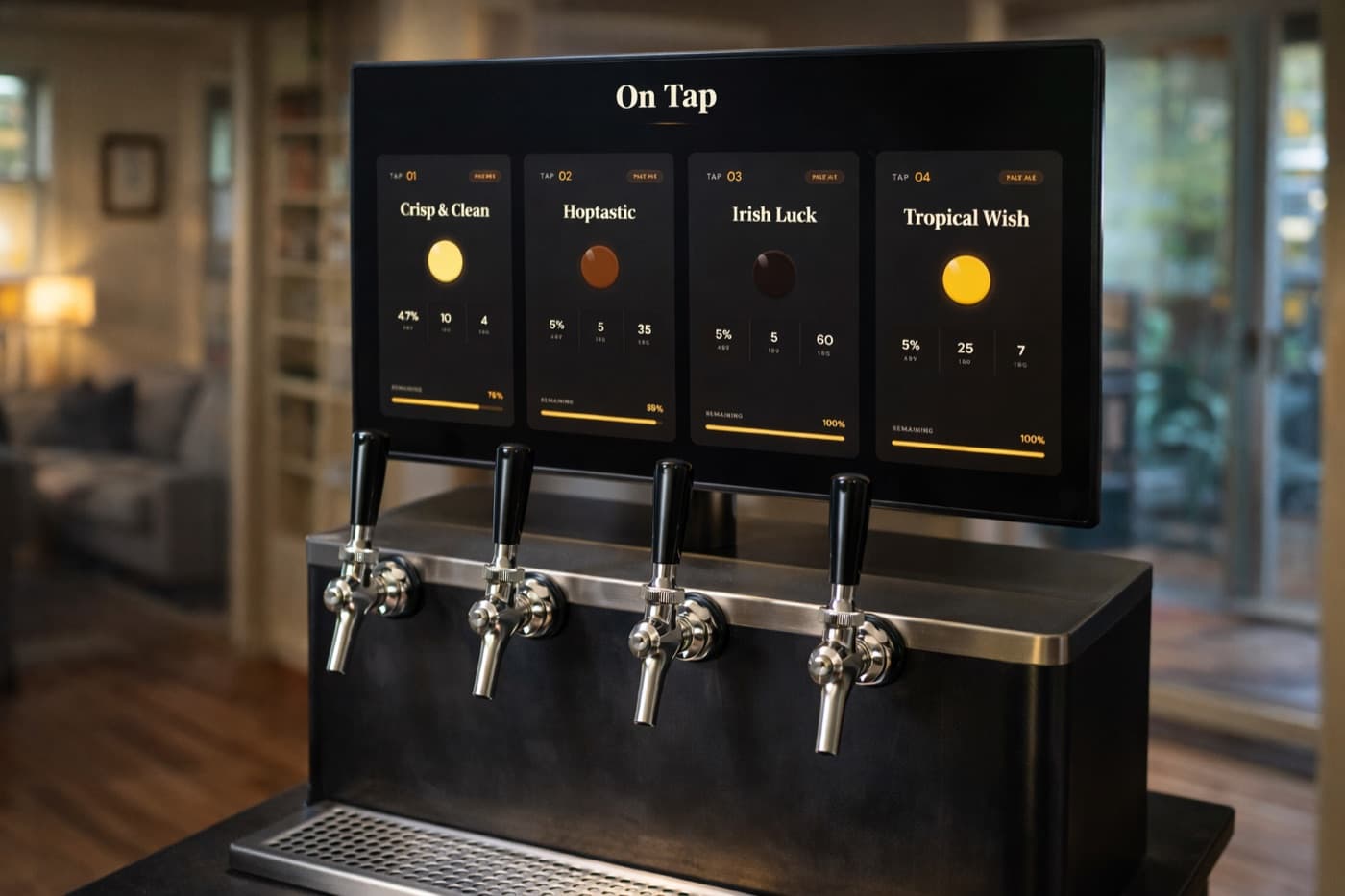 Keggio tap display mounted on a wall above a bar, showing beers on tap with style, ABV and keg level